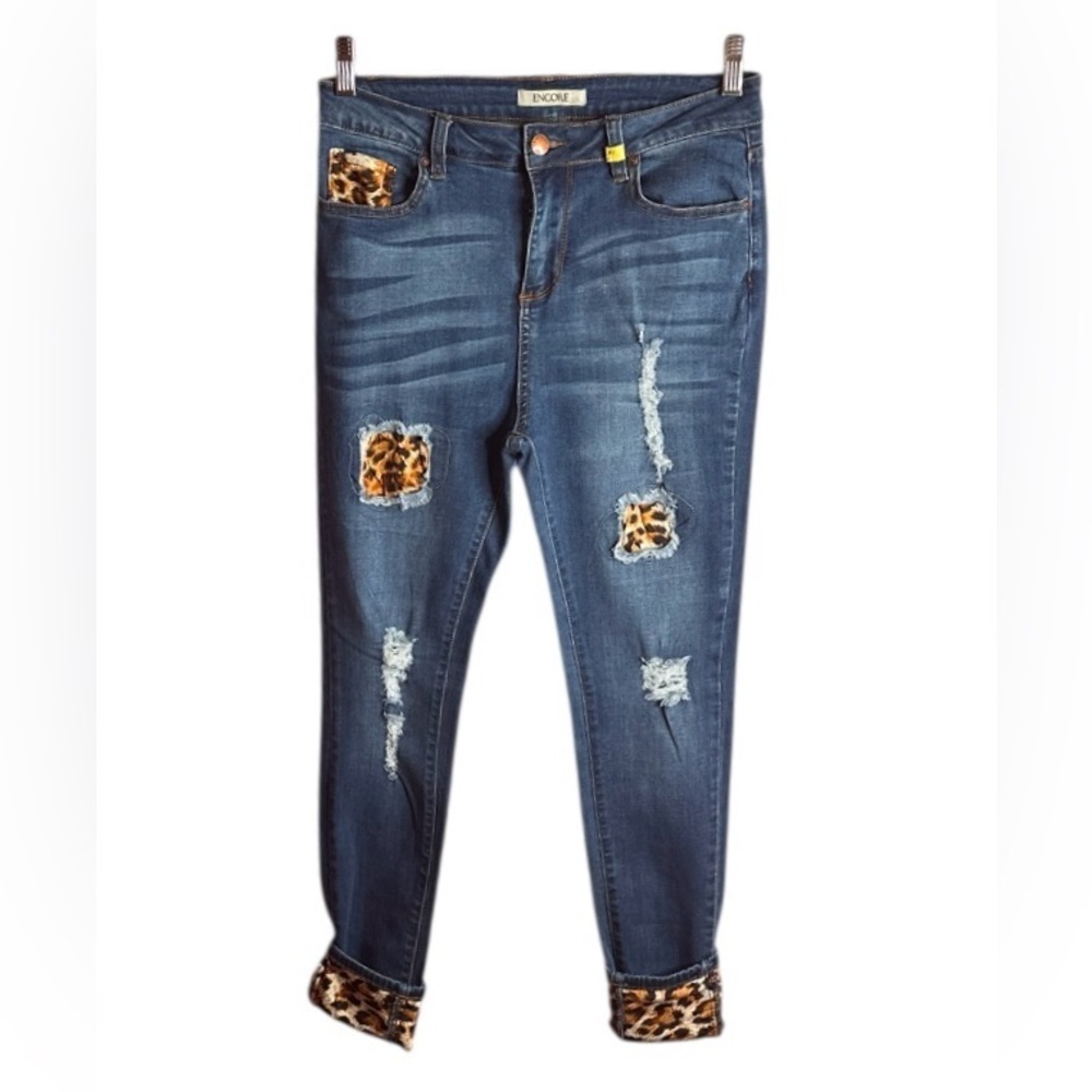 Encore Distressed Blue Jeans with Leopard Accents Size 11